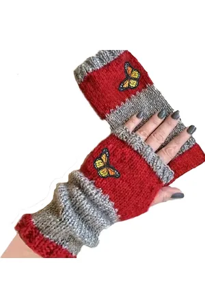 Merkloos Retro gebreide handschoenen - vingerloos - met geborduurde vlinder - Rood