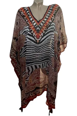 Merkloos Kaftan/tuniek half transparant met steentjes 16/S One size 95/92cm 38-50 bruin