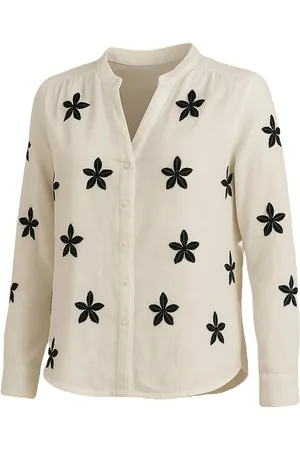 Merkloos Suzzy & Milly Crèmekleurige Blouse – Blouse met Zwarte Geborduurde Bloemen - L