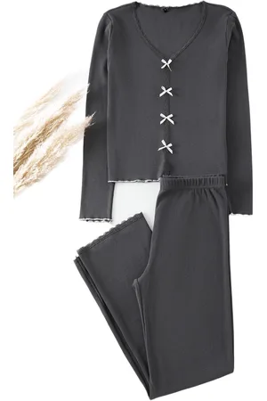 Trendyol Antraciet Katoenen Kant En Lint/Strik Gedetailleerde Geribbelde Gebreide Pyjamaset Thmaw25Pt00206