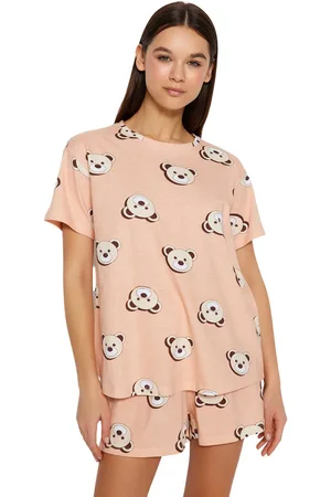 Trendyol Dames Familie Zwarte 100% Katoen Teddy Bear Shorts Gebreide Pyjama Set Thmss23Pt00005