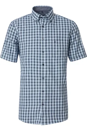 Casa Moda Sport comfort fit overhemd - korte mouw - chambray - blauw geruit - Strijkvriendelijk - Boordmaat: 45 - 46