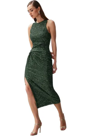 Trendyol Smaragdgroene, Glitterende, Met Pailletten Bezette, Lange Avondjurk Met Glitters Tprss24El00030