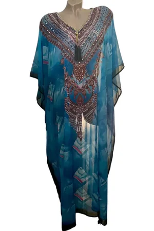 Merkloos Kaftan half transparant kaftan grote maten met steentjes 27/L 128/105cm One size 42-54 blauw/bruin