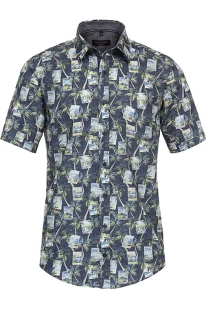Casa Moda Sport casual fit overhemd - korte mouw - popeline - groen dessin - Strijkvriendelijk - Boordmaat: 41 - 42