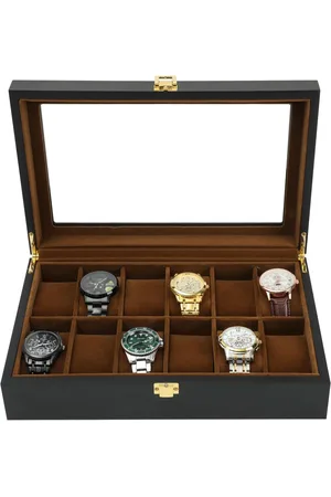 Merkloos Horlogedoos 12 sleuven houten horloge organizer doos - sieraden opslag vitrine - voor mannen vader - horloge opbergdoos met glazen deksel