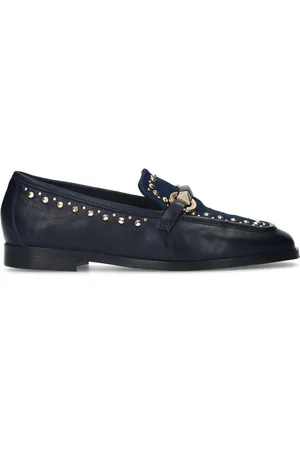 Manfield Dames - Blauwe leren loafers met details
