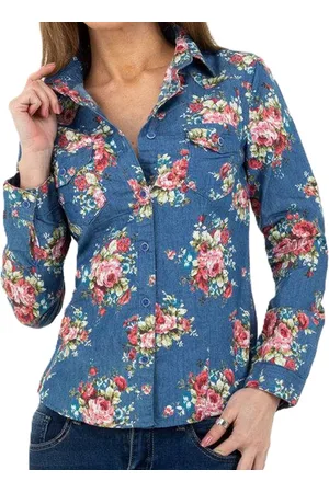 Merkloos Dames Spijker denim blouse roses rood