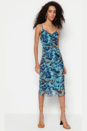 Trendyol Blauwe Geplooide Tule Bodycone/Body Fitted Stretch Gebreide Jurk Twoss23El00646