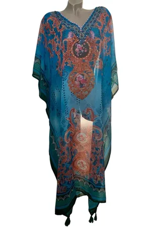 Merkloos Kaftan half transparant kaftan grote maten met steentjes 29/L 128/105cm One size 42-54 blauw/oranje/groen