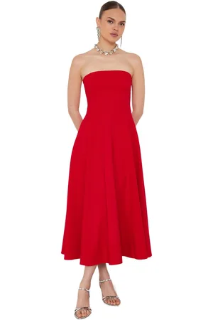 Trendyol Rode A-Lijn Strapless Geweven Elegante Avondjurk Tprss24El00139