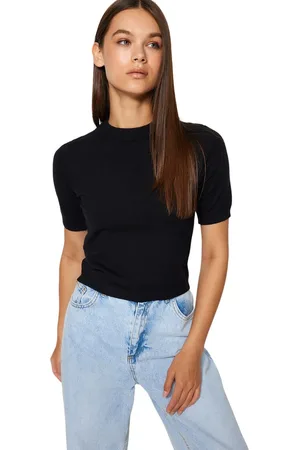 Trendyol Zwarte Gemerceriseerde Look Cropped Premium Garen/Speciaal Garen Basic Gebreide Blouse Twoaw24Bz00015