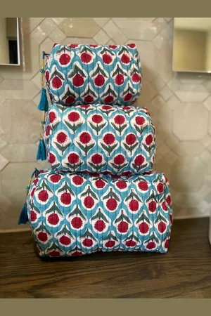 Merkloos Toilettas dames - Set van 3 - India - Beautycase - Make-up tas - Luieretui - Organizer - Cadeau - Blauw/rood