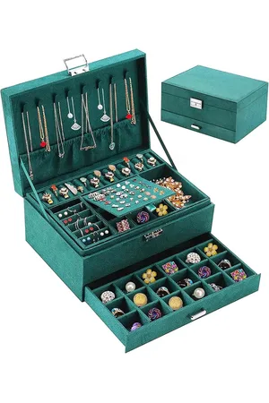 Merkloos Sieradendoos, sieradendoosje van fluweel met 2 niveaus, sieradendoos voor dames, sieradenkistje voor ringen, oorbellen, halskettingen en horloges, met slot en sleutel