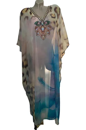Merkloos Kaftan half transparant kaftan grote maten met steentjes 40/L 128/105cm One size 42-54 roze/geel/blauw