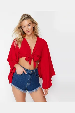 Trendyol Zwarte Cropped Geweven Flounce Strandblouse Tbess19Bb0095
