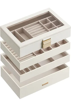 Merkloos SONGMICS Sieradendoosje met 4 niveaus, stapelbaar, sieradendoos groot, sieradendoos met glazen deksel, 17 x 28 x 18,3 cm, sieradeninzet voor laden, cadeau-idee