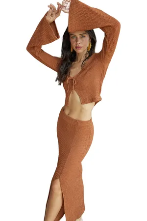 Trendyol Bruin Gebreide Geknoopte Blouse Strandrokset Tbess24Au00000