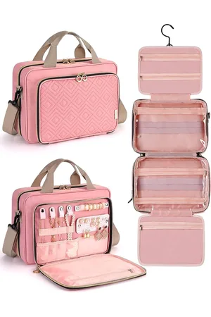 Merkloos Toilettas voor dames, met sieradenorganizer, grote hangende toilettas met schouderriem/trolley-riem voor toiletartikelen in reisformaat en cosmetica-shampoo make-up (zwart), , reis sieraden