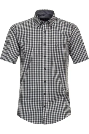 Casa Moda Sport casual fit overhemd - korte mouw - structuur - groen met wit geruit - Strijkvriendelijk - Boordmaat: 45 - 46