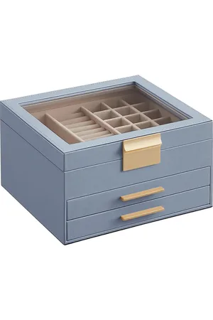 Merkloos Sieradendoos, sieradendoos 3 niveaus, sieradendoos met glazen deksel, 2 laden, sieradenopslag, modern, cadeau-idee, 20,3 x 23,1 x 13,5 cm, -goud