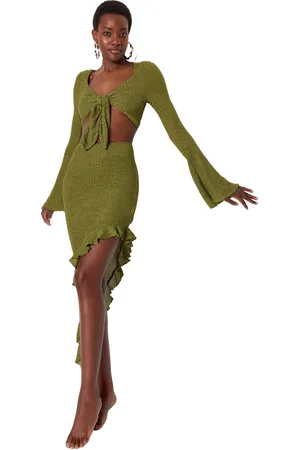 Trendyol Groene Aansluitende Geweven Ruche Blouse Rok Strandset Tbess23Au00040
