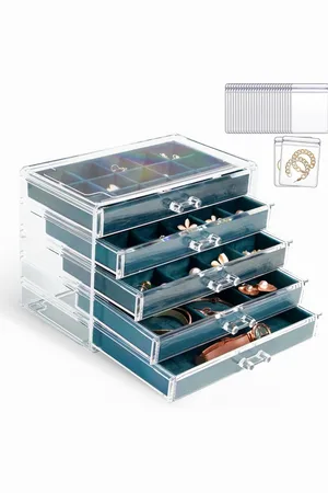 Merkloos Acryl sieradendoosje voor dames, sieradendoosje met 5 lades, sieradenopberger met 20-delige transparante sieradenzakjesset, voor oorbellen, ringen, kettingen, armbanden, vitrine, pauwblauw