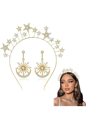 Merkloos Gouden sterren hoofdband met maan-oorbellen - Bruiloft tiara met strassteentjes