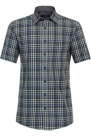 Casa Moda Sport comfort fit overhemd - korte mouw - dobby - blauw geruit - Strijkvriendelijk - Boordmaat: 43 - 44