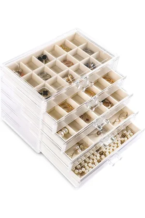 Merkloos Oorbel organizer doos met 5 laden - transparante sieradendoos voor vrouwen - stapelbare oorbel displayhouder met fluwelen trays - ringen studs armbanden - beige