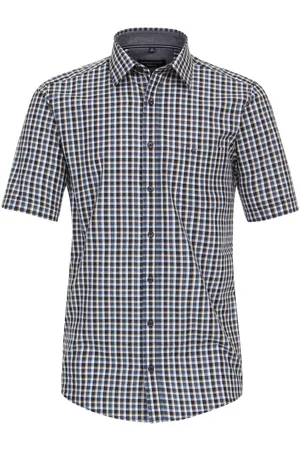 Casa Moda Sport casual fit overhemd - korte mouw - chambray - blauw met beige en wit geruit - Strijkvriendelijk - Boordmaat: 41 - 42