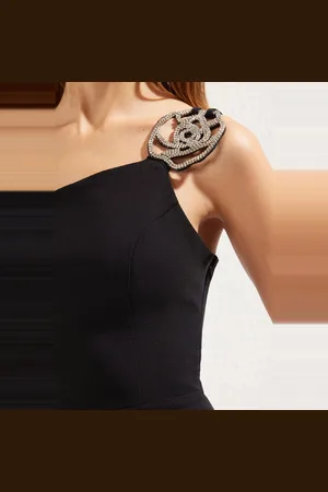 Trendyol Zwarte Roos Glanzende Stenen Accessoire Elegante Lange Avond- En Nachtjurk Tprss25Ae00005