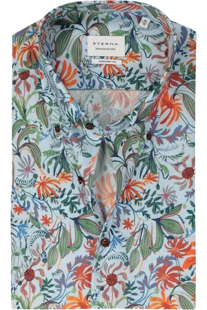 ETERNA Comfort fit overhemd korte mouw - popeline - lichtgroen bloemen dessin - Strijkvrij - Boordmaat: 43