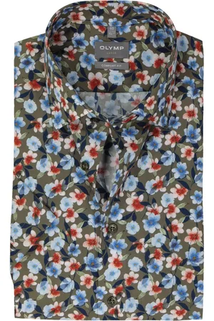 Olymp Comfort fit overhemd - korte mouw - popeline - groen met blauw - rood en wit bloemen dessin - Strijkvrij - Boordmaat: 41