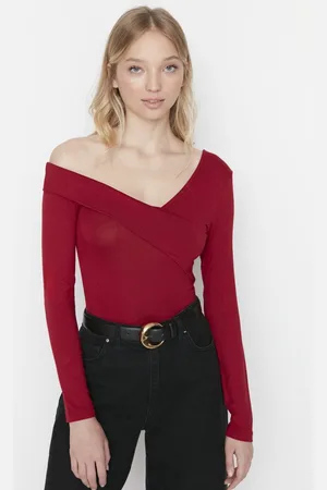 Trendyol Bordeaux Gebreide Blouse Met Boothals Twoaw23Bz00748