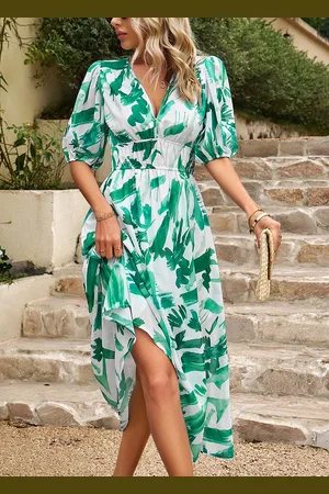 Merkloos Dames Zomerjurk Lange Zomer Casual Swing Jurk Korte Mouw Maxi Jurk XL