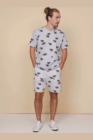 Snurk Herenpyjama Hippo – Grijze T-shirt & Shorts Set met Nijlpaardenprint – Zomerpyjama van Biokatoen