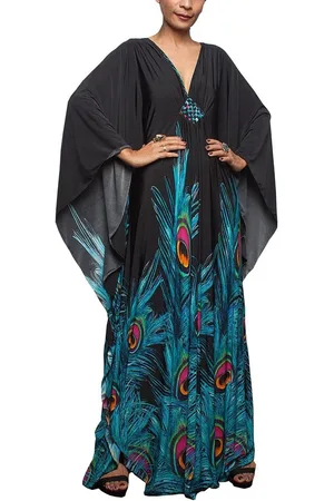 Merkloos Floral Loose Kaftan – Zomer Bohemian Strandbedekking voor Vrouwen – Bloemenprint, Plus Size, One Size (Zwart Groen Bloem)