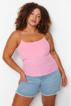 Trendyol Roze Spaghettibandjes Cropped Geribbelde Gebreide Blouse In Grote Maten Tbbss23Af00013