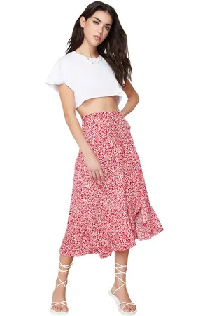 Trendyol Fuchsia Bedrukte Midi Flexibele Gebreide Rok Met Hoge Taille, Plooidetail En Volant Twoss21Et0029