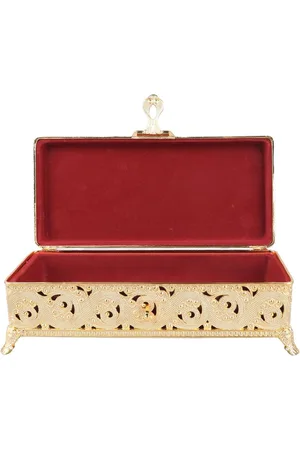 Merkloos Snuisterijdoos van vintage metaal en zacht fluweel - Rechthoekig, groot formaat voor ringen en kettingen (goud)