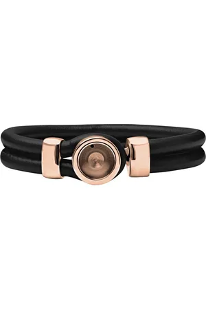 quiges Leren Armband Zwart met Verwisselbare RVS Mini Munt Houder Rosékleurig 20 cm