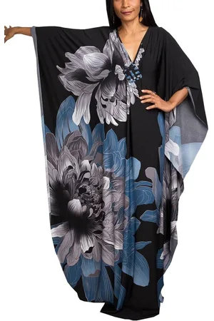 Merkloos Floral Loose Kaftan – Zomer Bohemian Strandbedekking voor Vrouwen – Bloemenprint, Plus Size, One Size Fits All (Blauw Grijs)