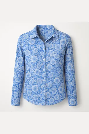 Merkloos SOPHYLINE Blouse met Fijnbloemige Print – 100% Katoen – Zachtblauw & Elegant – Maten S t/m XL
