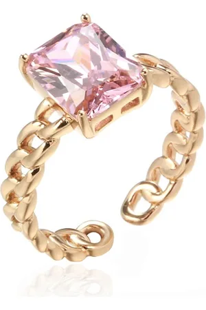 Cilla Jewels Damesring - 585 Rose Gouden Plating, Rechthoekige Roze Zirkonia, Cuban Link Schakels