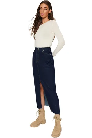 Trendyol Blauwe Maxi-Denimrok Met Split Twoss23Et00290