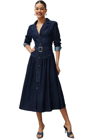 Trendyol Blauwe Maxi-Spijkerjurk Met Riem En Kraag Twoss24El00776