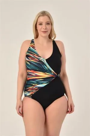 Merkloos Badpak dames- Bikini Badmode- Zwempak dames met gemengd patroon- Dubbele rij gedetailleerd fashion badpakken 204-