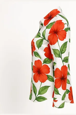 Merkloos Sophyline Damesblouse – Hibiscusprint – 100% Katoen – Ademend & Fris – Lange Mouw – S t/m XL