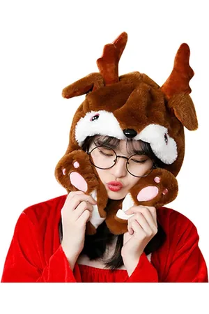 Merkloos Pluche Santa Cap hoed met beweegbare dierenoren - Kerstmuts met elandmuts - Sneeuwpop hoed feesthoed C